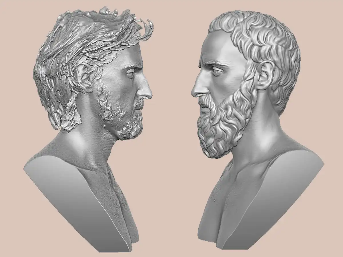 Künstlerische Modellierung von Haaren und Bart im römischen Stil zur Erzielung der Ästhetik einer antiken Skulptur.