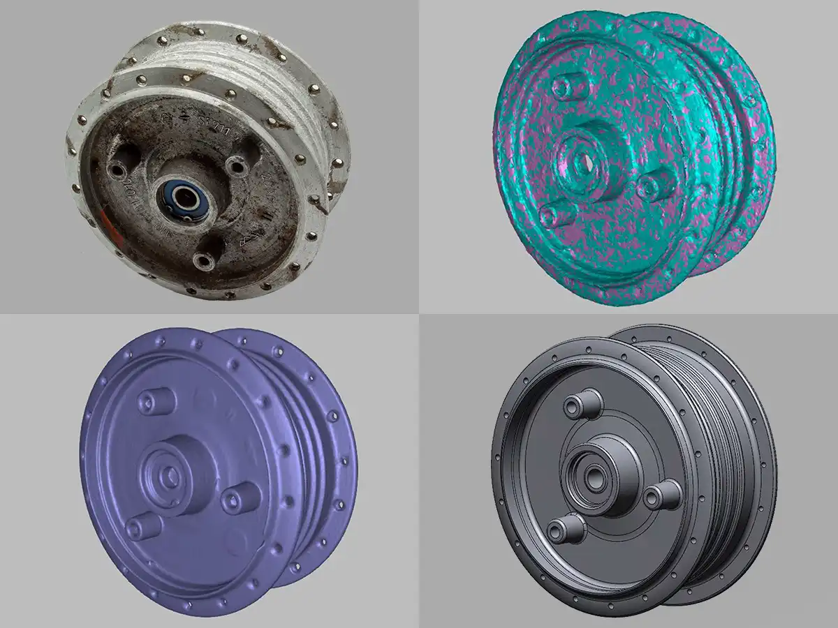 Detaillierter 3D-Scan und Rekonstruktion einer Radnabe.