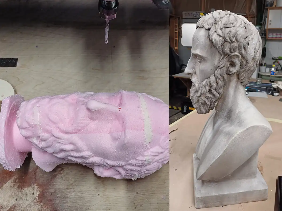 A digitális modell fizikai tárggyá alakítása precíz CNC-gyártással és egyedi festéssel.