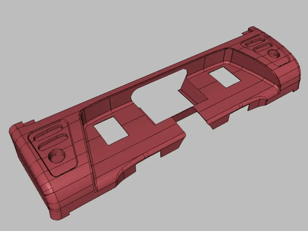 Végleges parametrikus felületvisszaépítés (Reverse Engineering) STEP fájlként az utómunkálatokhoz.