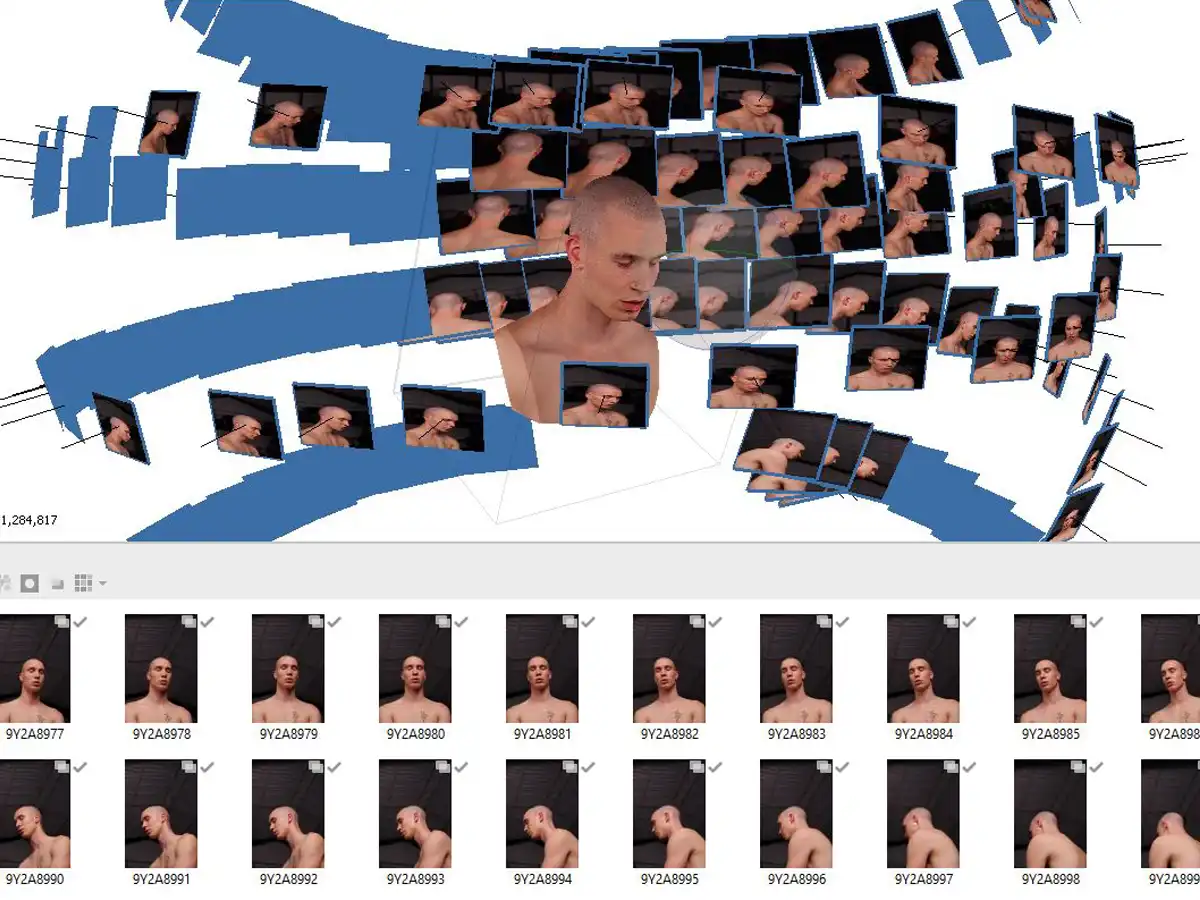 Nagy felbontású textúrák létrehozása fotogrammetriával az öt arcpozícióról készült képsorozatok alapján.