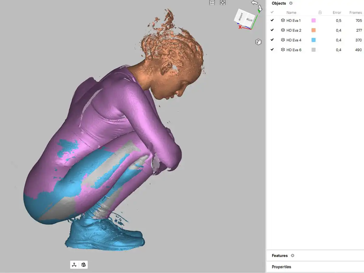 Präzise digitale Erfassung der Körpergeometrie einer Person in einer individuellen, hockenden Pose als Grundlage der Rekonstruktion.